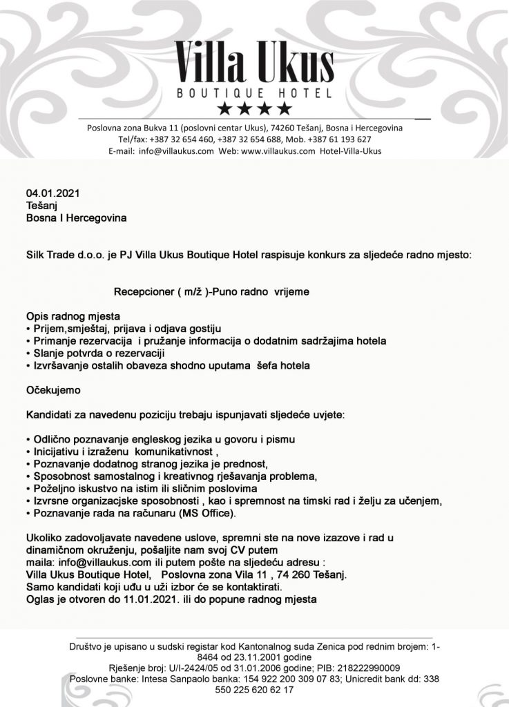 HOTEL VILLA UKUS: Oglas za prijem u radni odnos