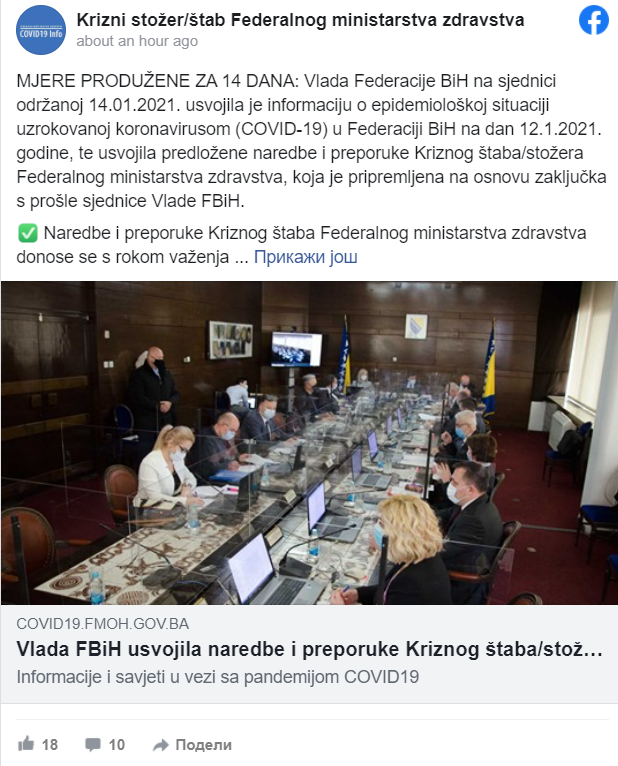 Krizni štab FBiH: Naredbe i preporuke koje važe od nedjelje Krizni štab FBiH: Naredbe i preporuke koje važe od nedjelje