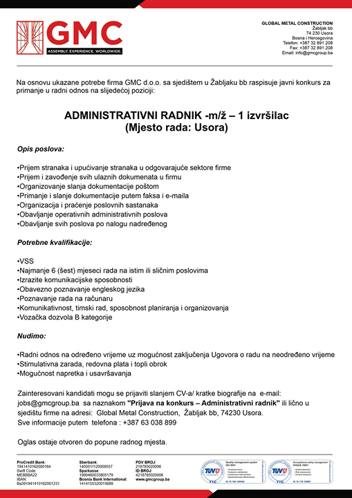 GMC USORA: Potreban administrativni radnik