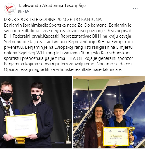 Vrhunski rezultat Taekwondo kluba Akademija Tešanj na manifestaciji "Izbor sportiste" Ze-Do kantona Vrhunski rezultat Taekwondo kluba Akademija Tešanj na manifestaciji "Izbor sportiste" Ze-Do kantona