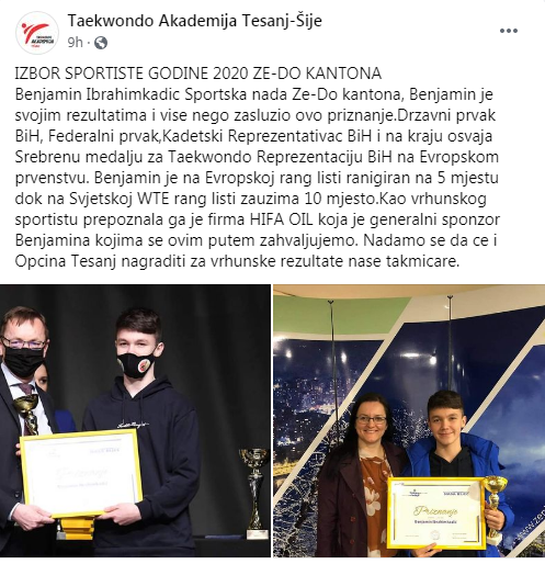 Vrhunski rezultat Taekwondo kluba Akademija Tešanj na manifestaciji "Izbor sportiste" Ze-Do kantona