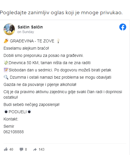 GRAĐEVINA TE ZOVE: Dnevnica 50 KM, bez psovanja i konzumiranja alkohola