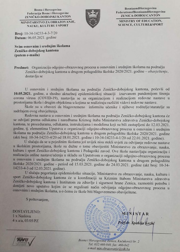 Učenici svih razreda osnovnih i srednjih škola u ZDK se postepeno vraćaju u klupe od ponedjeljka Učenici svih razreda osnovnih i srednjih škola u ZDK se postepeno vraćaju u klupe od ponedjeljka