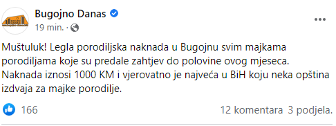 Porodiljska naknada u Bugojnu 1000KM