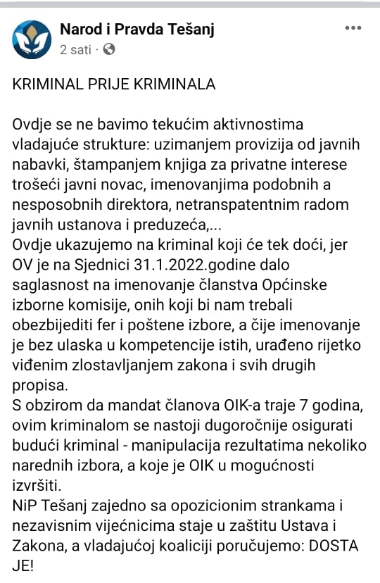 NiP Tešanj: Dosta je bilo kriminala, te imenovanja podobnih a nesposobnih direktora