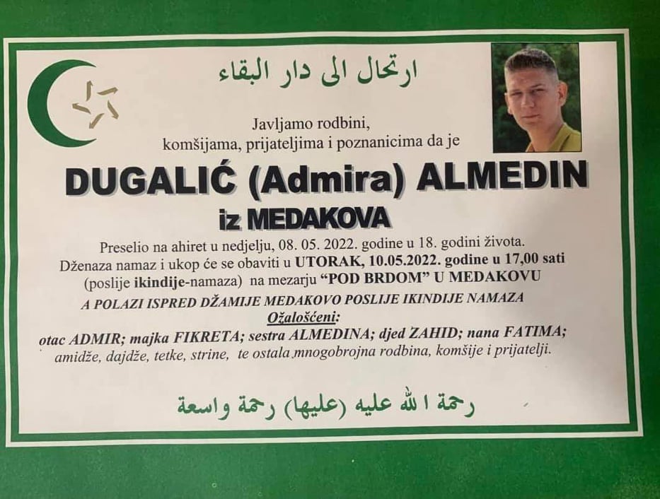 Tešanj: Danas dženaza mladiću Dugalić Almedinu Tešanj: Danas dženaza mladiću Dugalić Almedinu