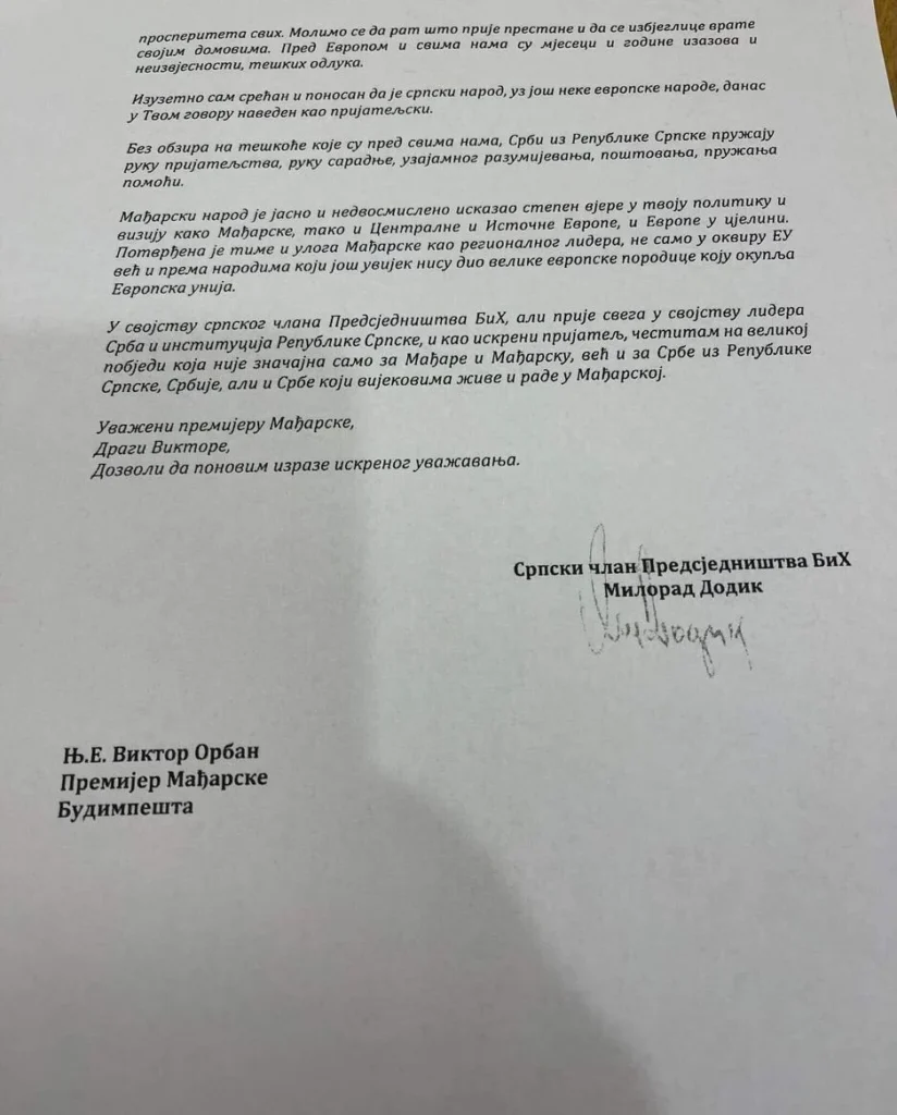 Orban odgovorio Dodiku na fašističko pismo: Interes nam je Evropa utemeljena na hrišćanstvu Orban odgovorio Dodiku na fašističko pismo: Interes nam je Evropa utemeljena na hrišćanstvu