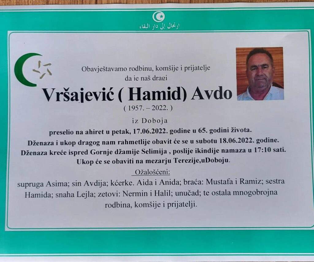 Na bolji svijet preselio Vršajević Avdo u 65 godini života Na bolji svijet preselio Vršajević Avdo u 65 godini života