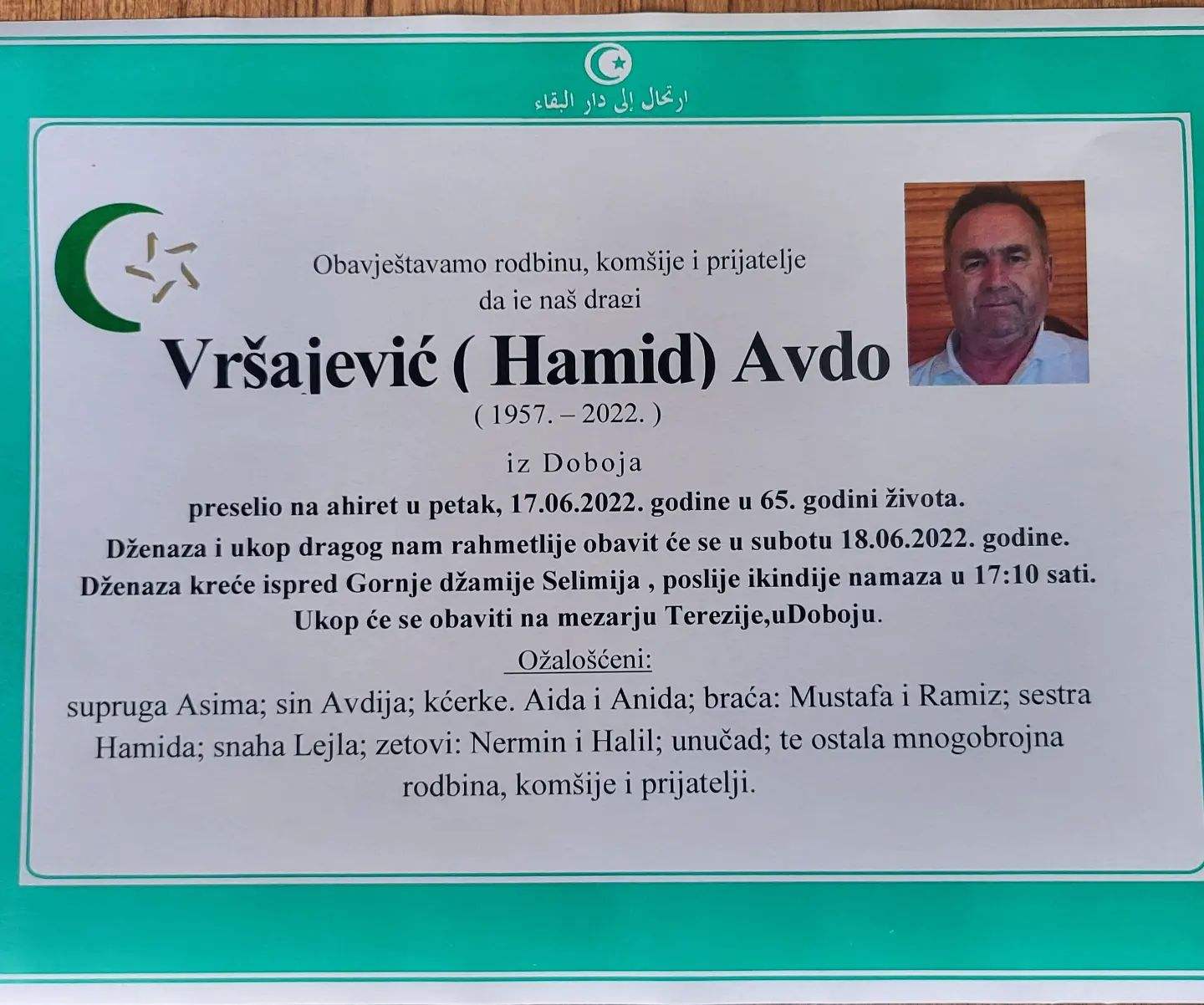 Na bolji svijet preselio Vršajević Avdo u 65 godini života