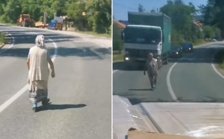 Video / Upozorenje vozačima zbog pješakinje koja se kreće sredinom magistralnog puta Tuzla – Sarajevo