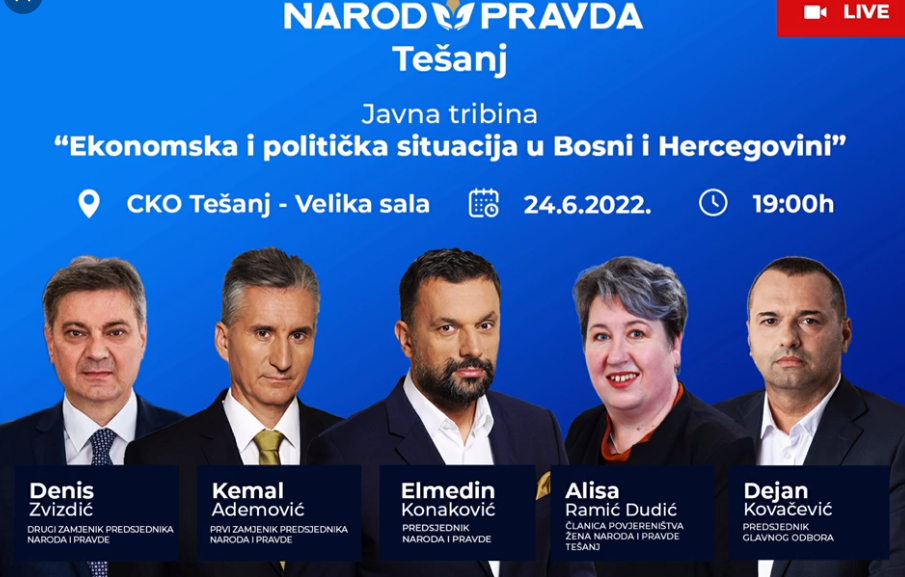 Sutra u Tešnju javna tribina na temu “Ekonomska i politička situacija u Bosni i Hercegovini” Sutra u Tešnju javna tribina na temu “Ekonomska i politička situacija u Bosni i Hercegovini”