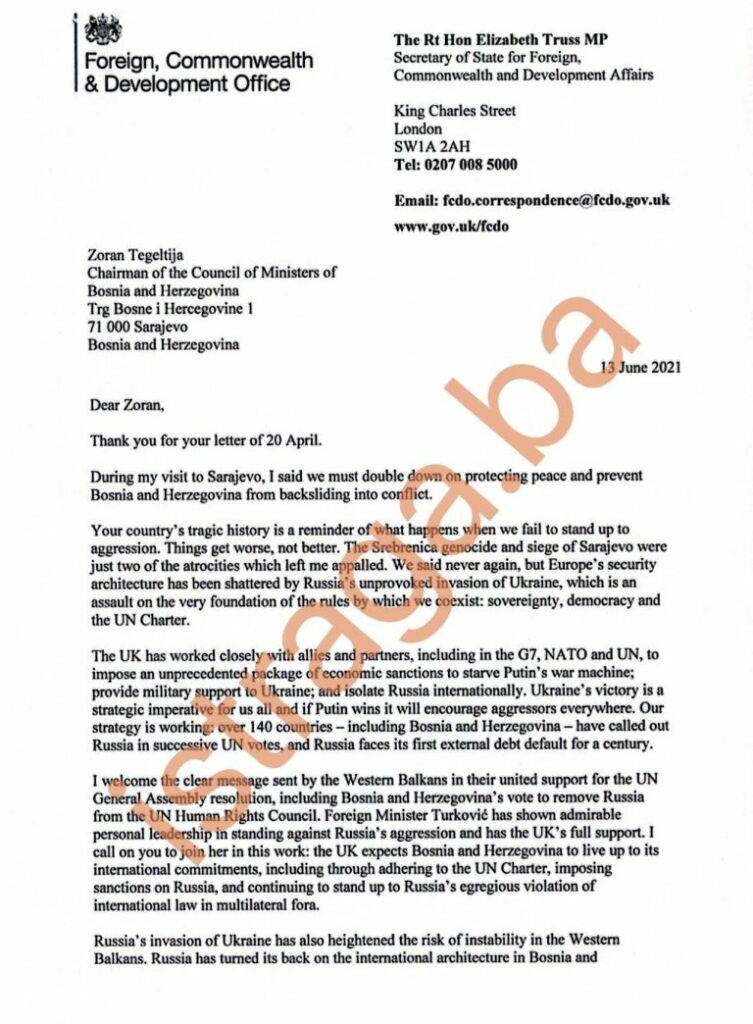 BRITANSKA MINISTRICA UPUTILA PISMO ZORANU TEGELTIJI: “VAŠA BUDUĆNOST JE U NATO-U, UVEDITE SANKCIJE RUSIJI!” BRITANSKA MINISTRICA UPUTILA PISMO ZORANU TEGELTIJI: “VAŠA BUDUĆNOST JE U NATO-U, UVEDITE SANKCIJE RUSIJI!”