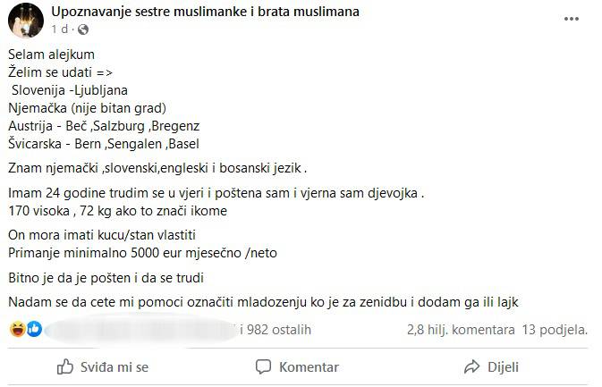 Bošnjakinja traži muža preko Facebooka: Mora imati kuću ili stan i primanja od minimalno 5.000 eura mjesečno