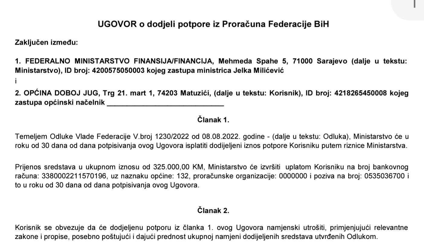 PODRŠKA VLADE FEDERACIJE BiH PREMA OPĆINI DOBOJ-JUG