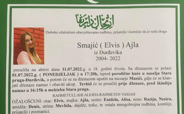 Još jedna grozna informacija: Preminula 18-godišnja Ajla Smajić