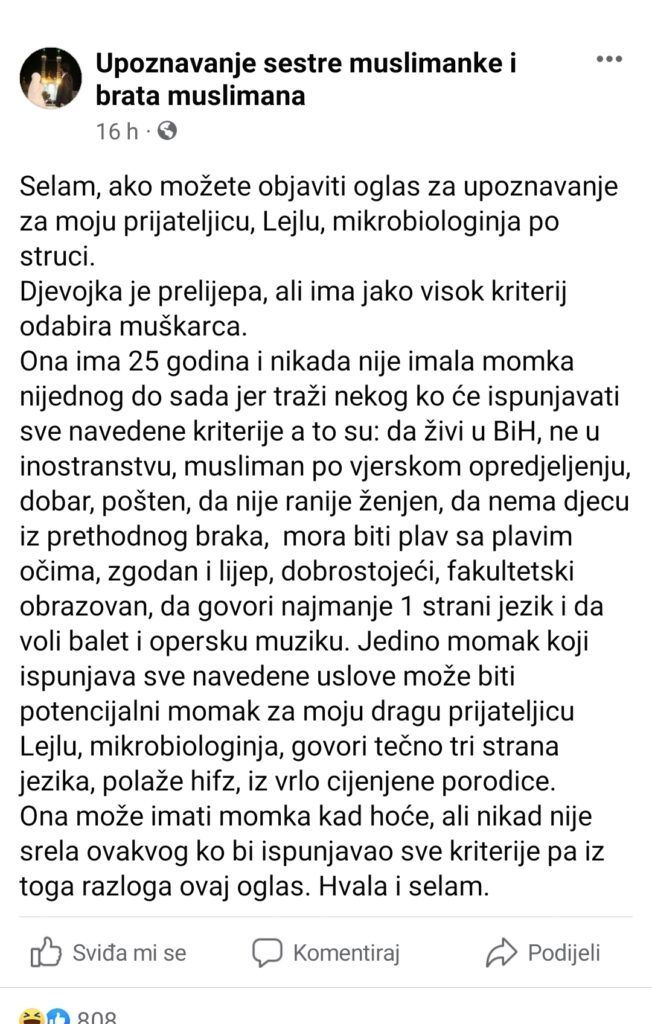 Ljubavni oglas u BiH: Lejla traži pravog na internetu jer nikada nije srela muškarca koji ispunjava sve njene kriterije