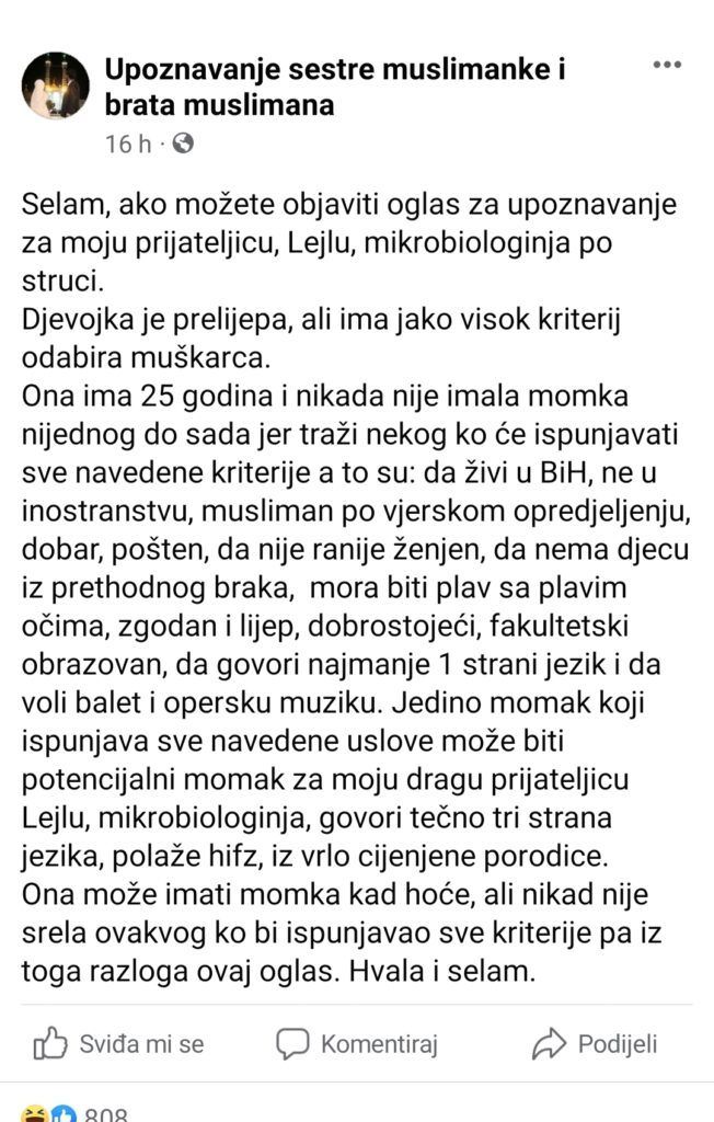 Ljubavni oglas u BiH: Lejla traži pravog na internetu jer nikada nije srela muškarca koji ispunjava sve njene kriterije Ljubavni oglas u BiH: Lejla traži pravog na internetu jer nikada nije srela muškarca koji ispunjava sve njene kriterije