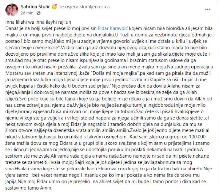 Preminuo mladić Eldar Karavdić, od njega se oprostila žena koja ga odgajala Preminuo mladić Eldar Karavdić, od njega se oprostila žena koja ga odgajala