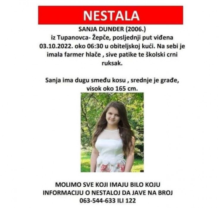 Kod Žepča nestala djevojčica Sanja Dunđer (16), porodica moli za pomoć Kod Žepča nestala djevojčica Sanja Dunđer (16), porodica moli za pomoć