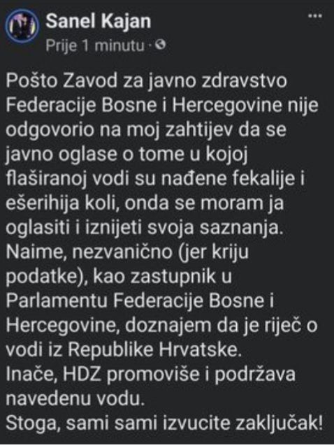 SANEL KAJAN (DF) OTKRIO ČIJA VODA SADRŽI FEKALIJE I BAKTERIJE: “RIJEČ JE O HRVATSKOJ VODI. HDZ PROMOVIŠE I PODRŽAVA!” SANEL KAJAN (DF) OTKRIO ČIJA VODA SADRŽI FEKALIJE I BAKTERIJE: “RIJEČ JE O HRVATSKOJ VODI. HDZ PROMOVIŠE I PODRŽAVA!”
