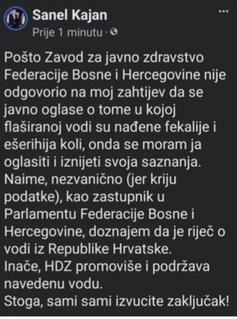 SANEL KAJAN (DF) OTKRIO ČIJA VODA SADRŽI FEKALIJE I BAKTERIJE: “RIJEČ JE O HRVATSKOJ VODI. HDZ PROMOVIŠE I PODRŽAVA!”