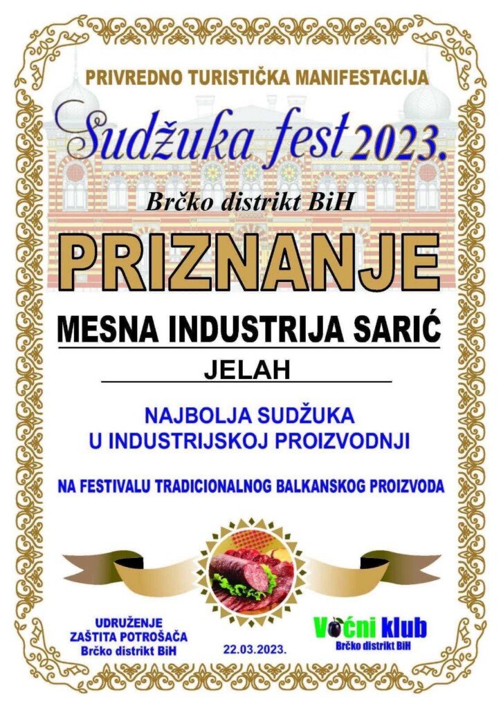 Najbolja sudžuka proizvodi se u Mesnoj industriji “SARIĆ” iz Jelaha Najbolja sudžuka proizvodi se u Mesnoj industriji “SARIĆ” iz Jelaha