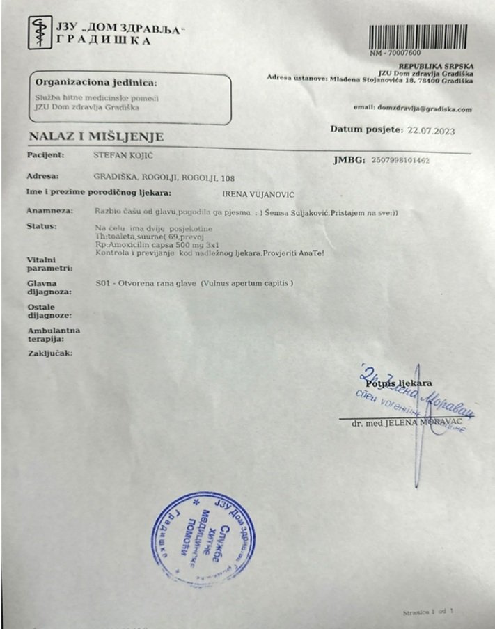 Medicinskom nalazu iz Doma zdravlja u Bosanskoj Gradišci smije se cijela regija :„Razbio glavu zbog pjesme Šemse Suljaković…“ Medicinskom nalazu iz Doma zdravlja u Bosanskoj Gradišci smije se cijela regija :„Razbio glavu zbog pjesme Šemse Suljaković…“