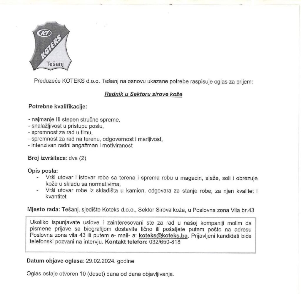 OGLAS ZA POSAO: Koteks d.o.o zapošljava