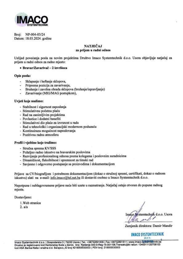 KONKURS ZA POSAO: Imaco Systemtechnik d.o.o Usora zapošljava dva radnika