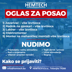 Hemtech Tešanj zapošljava na pet radnih pozicija