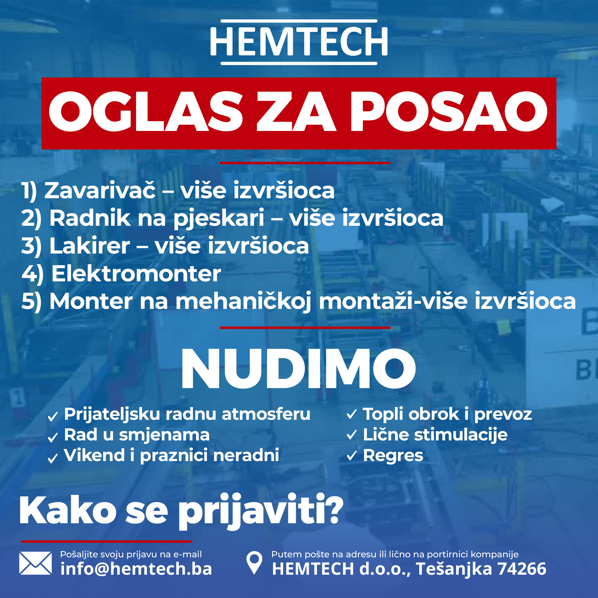 Hemtech Tešanj zapošljava na pet radnih pozicija