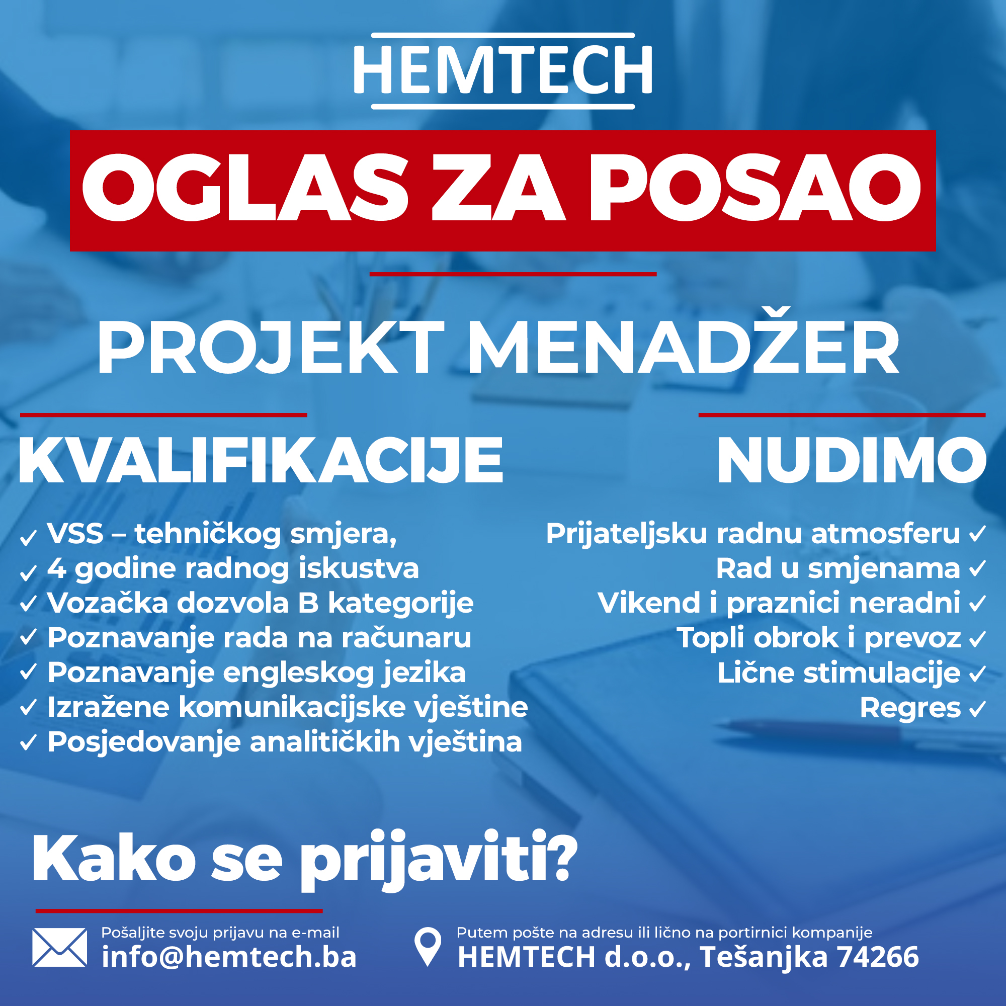 Hemtech Tešanj zapošljava projekt menadžera